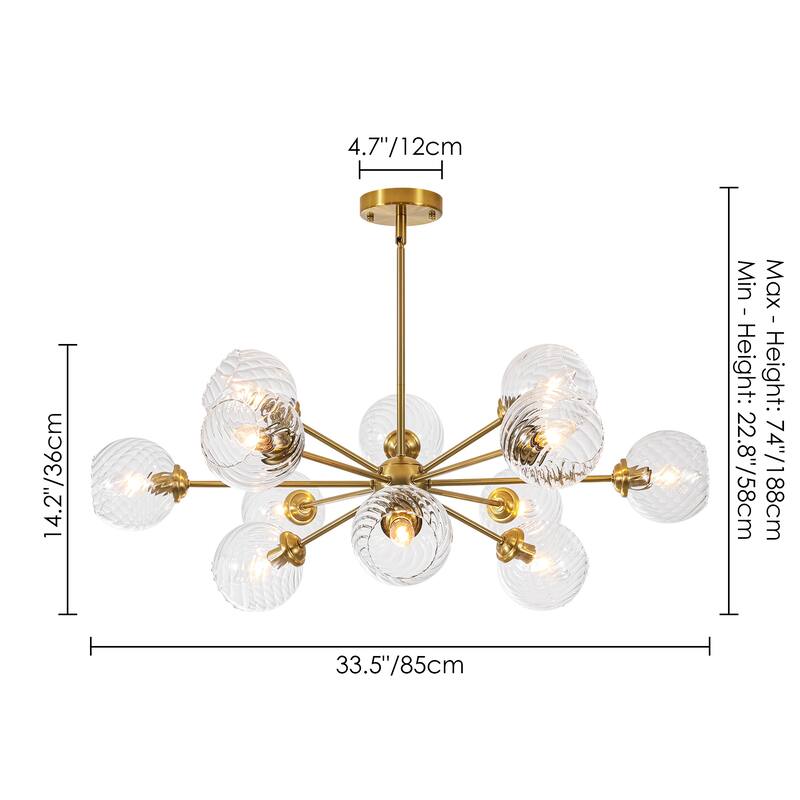 33.5" 12 - Light Mid-Century Brass Sputnik Chandelier for Dining Room - 12 Light
