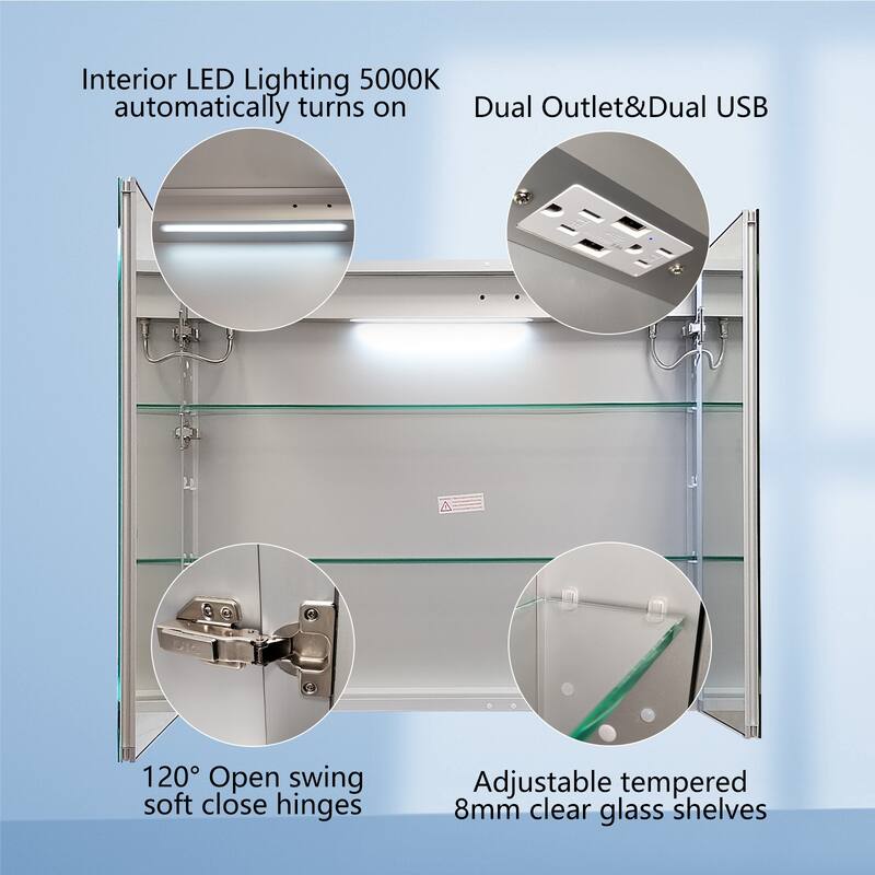 ExBrite LED Lighted Bathroom Medicine Cabinet with Mirror,Recessed or Surface Mount, Defog