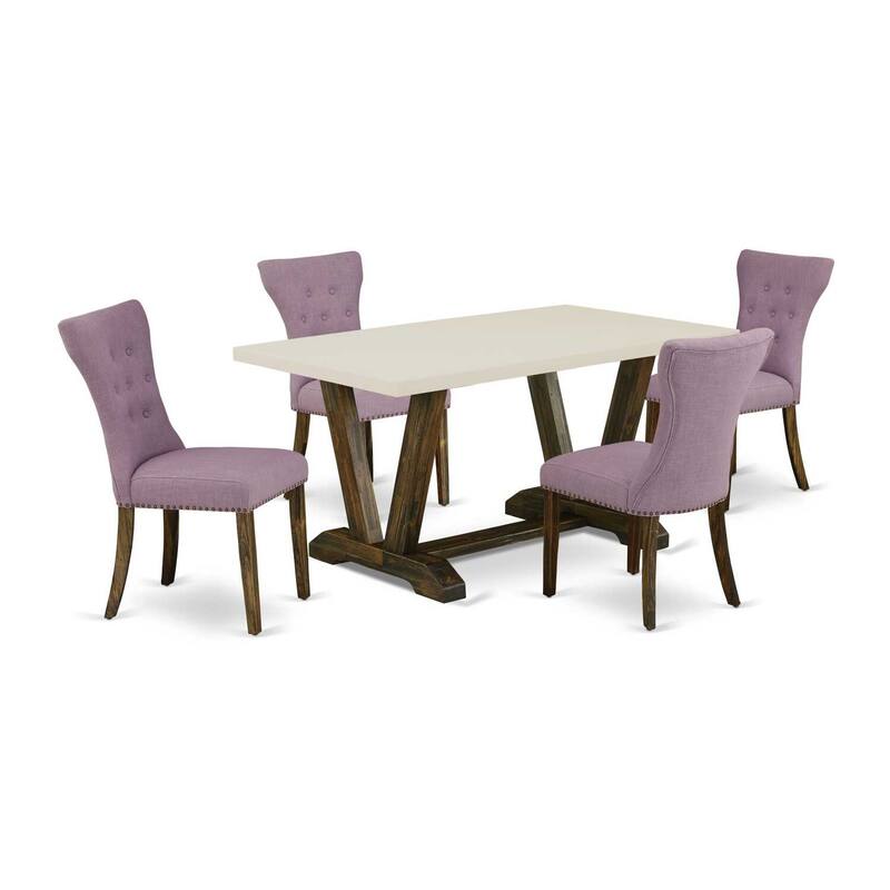 HomeStock 5-Piece Rectangle Distressed Jacobean Finish Solid Wood Top Dining Table with 4-Upholstered Chairs