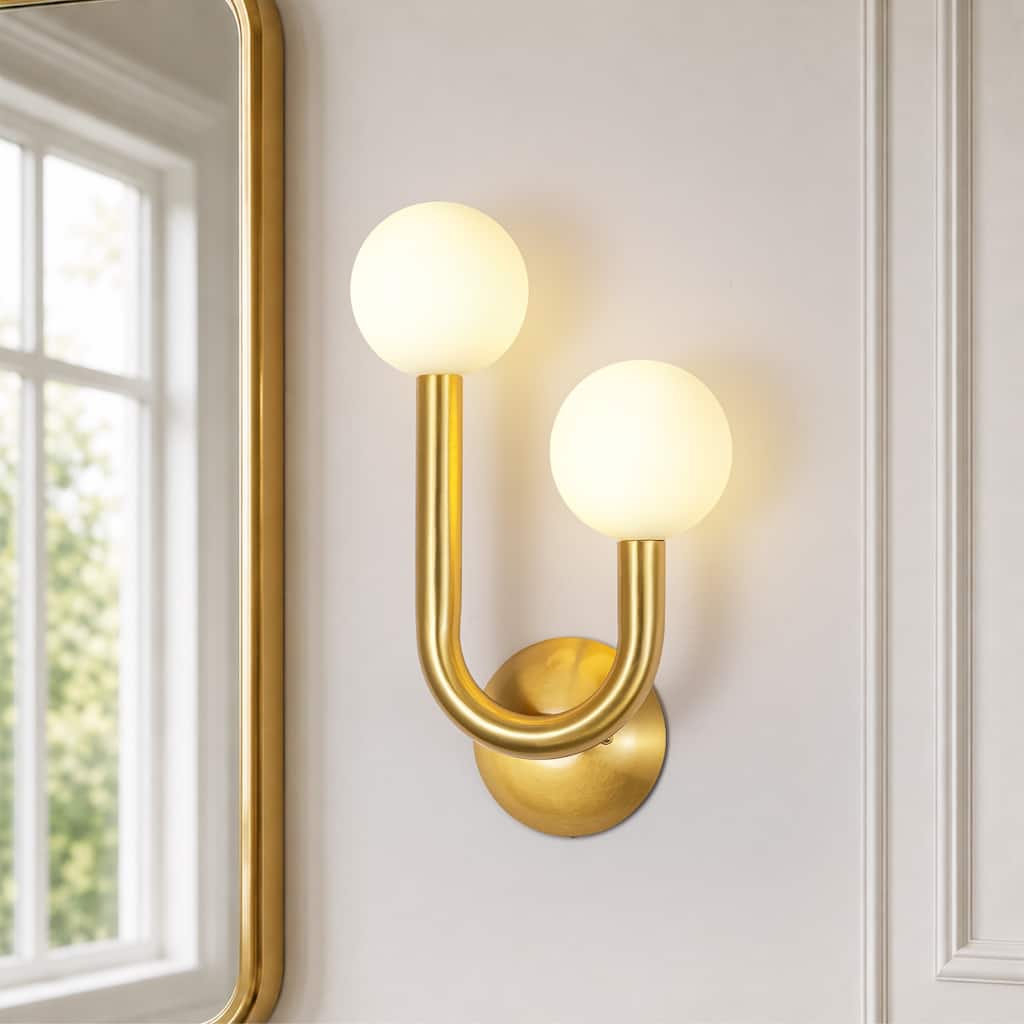 Rennnsan 2-Light Modern Brass Wall Sconce with Frosted Glass Globe Shades for Bathroom Bedroom Hallway