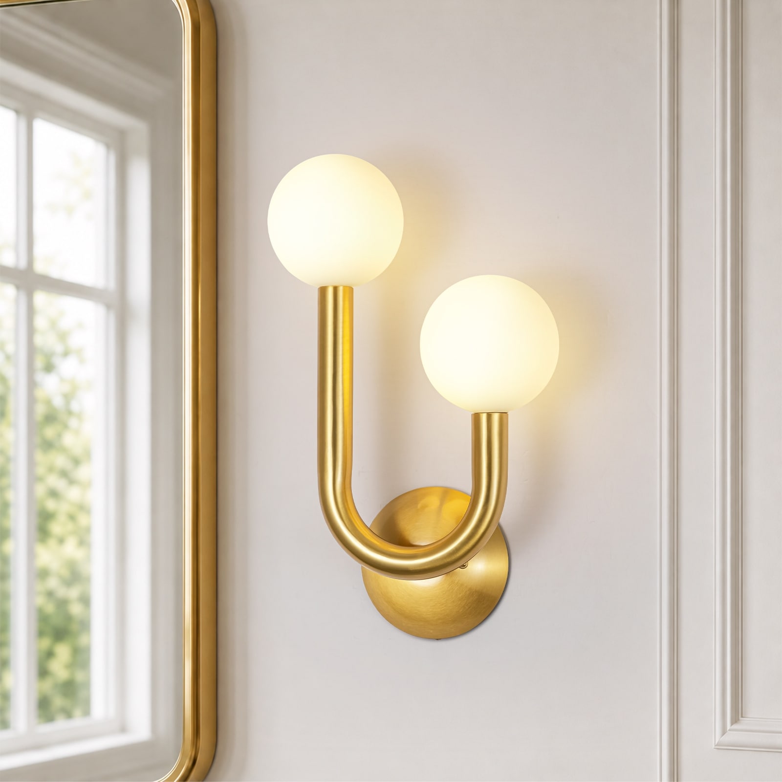 Rennnsan 2-Light Modern Brass Wall Sconce with Frosted Glass Globe Shades for Bathroom Bedroom Hallway