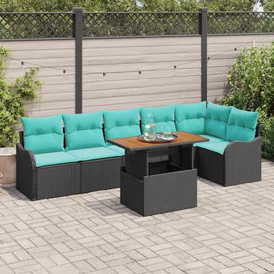 vidaXL 7 Piece Garden Sofa Set with Cushions Black Poly Rattan - 113.2×48.2×27.2