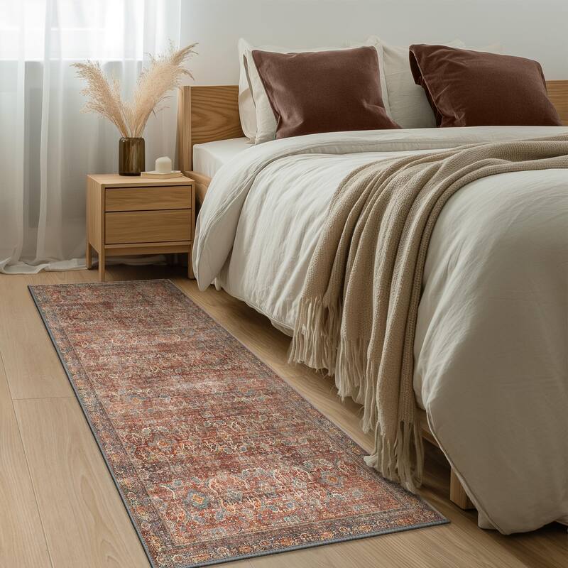 Mcow Vintage Floral Low-Pile Machine Washable Non-Slip Area Rug - 2'X10' - Brown - Runner