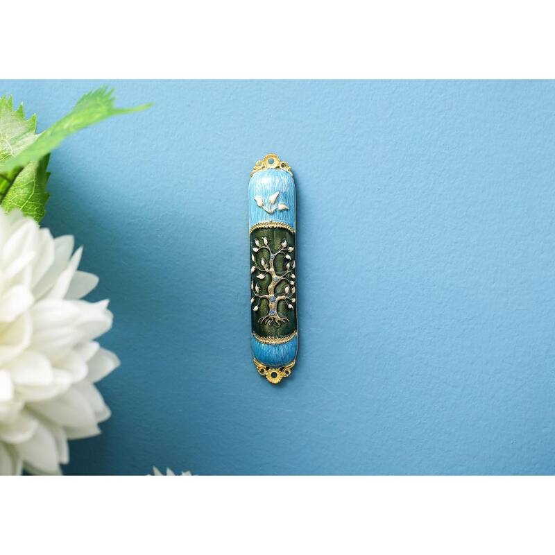 Matashi Hand Painted Enamel Mezuzah Embellished with a Tree of Life Design with Gold Accents and High Quality Crystals
