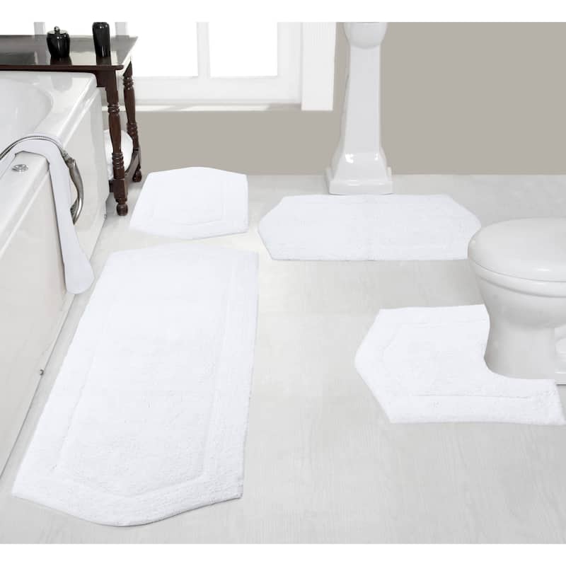 Waterford Collection 100% Cotton Non-Slip Bathroom Rug Set, Machine Washable Bath Rug, 4 Piece Bath Mat Set with Contour - White