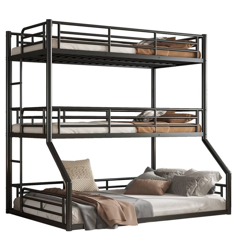 Twin over Twin over Full Triple Bunk Bed - Metal Frame with Safety Guardrails & Noise-Reduced Design
