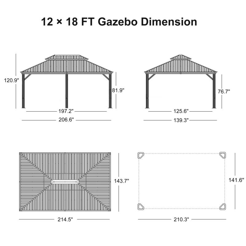 PURPLE LEAF Outdoor Gazebo Aluminum Frame Galvanized Steel Hardtop Gazebo with Bulbs