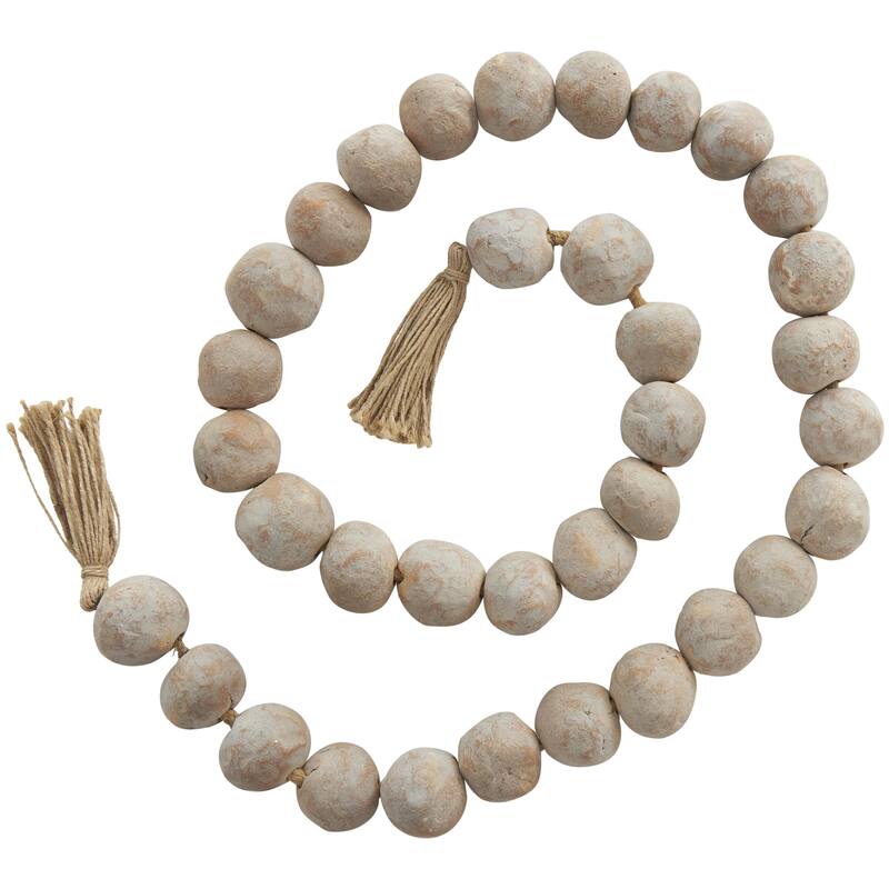 Ceramic Handmade Round Intricately Shaped Large Distressed Beaded Garland with Tassel - Roche River Decor - Cream - 62"L