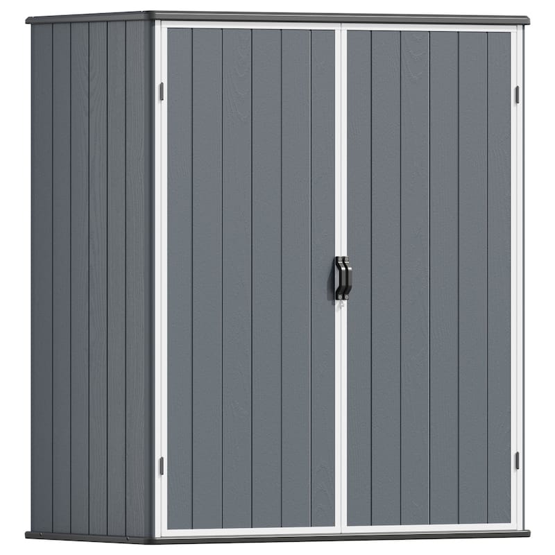 Patiowell 57.1"L x 30.3"W Plastic Vertical Storage Shed with Shelving Brackets for Patio Furniture, Pool Accessories