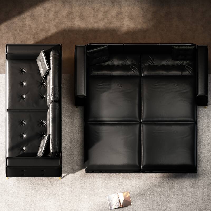 Oversized 3-in-1 Convertible Sofa Bed, 92.1" Faux Leather Square Arms Loveseat, Modern Pull-Out Sleeper Couch with Pillows