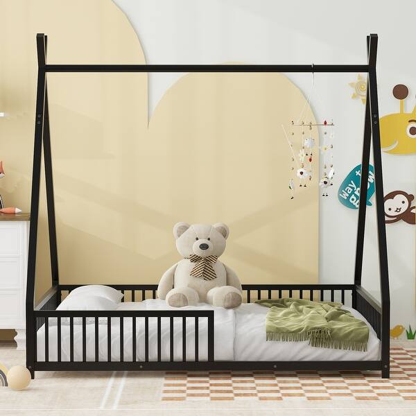 slide 2 of 10, Black Full Metal House Floor Bed with Triangle Structure & Guardrail for Toddlers & Baby, Modern Montessori Platform Bed Frame Black - Full