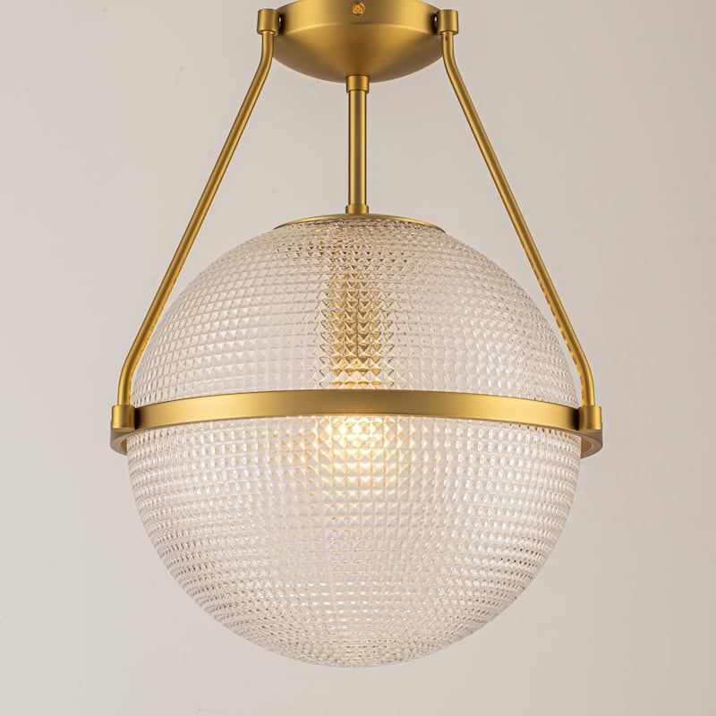 1-Light 14.17" Black/Gold Modern Textured Grid Glass Globe Semi-Flush Mount Light - Gold