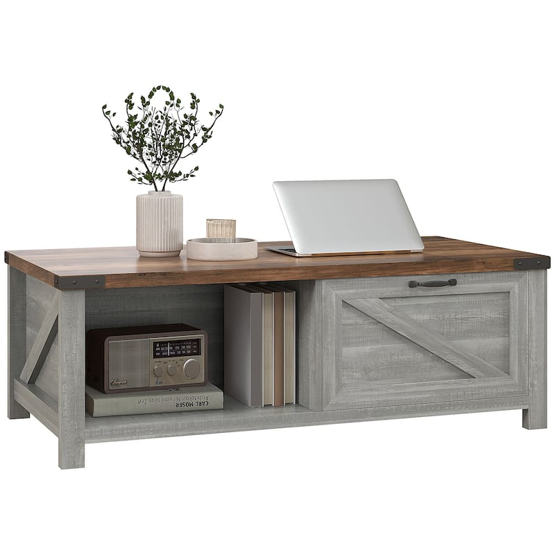 HOMCOM Farmhouse Coffee Table with Storage and Drawer, Rustic Coffee Table for Living Room, Open Shelf, Distressed Gray