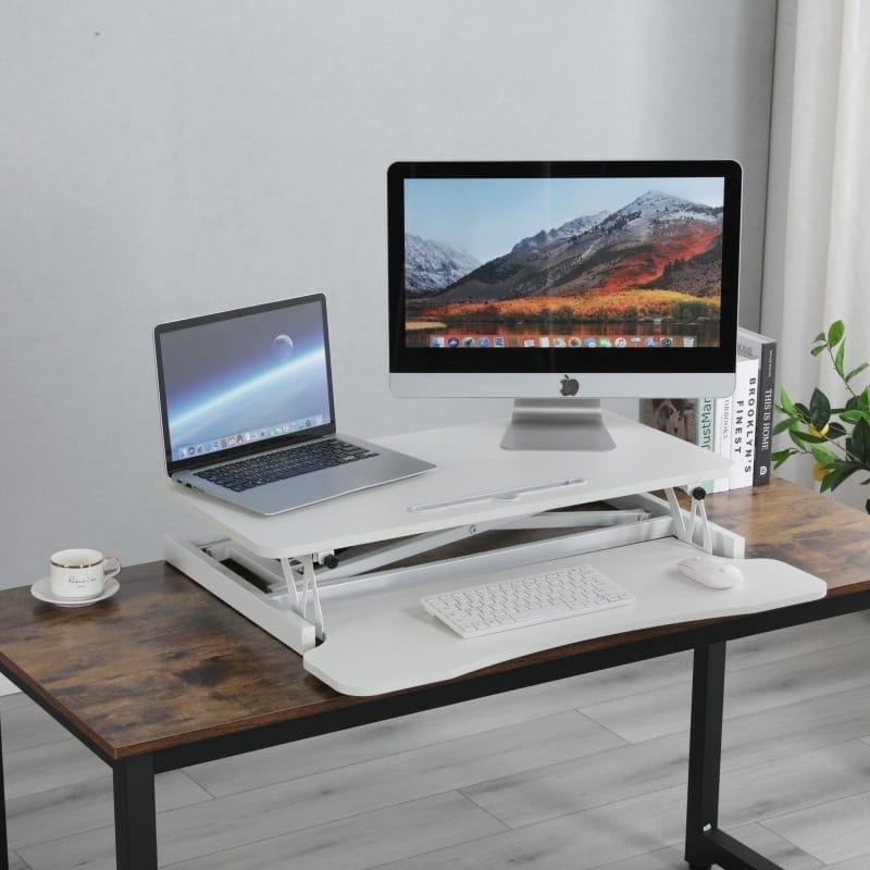32 Inch Desk Converter, Height Adjustable Sit to Stand Riser, Dual Monitor and Laptop Workstation with Wide Keyboard Tray