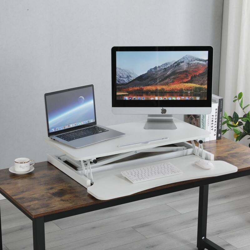 Anmytek 32 Inch Height Adjustable Sit to Stand Desk Converter with Wide Keyboard Tray White - White