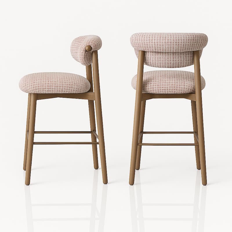 Set Of 2 Upholstered Counter Height Stools With Wood-look Metal Frame, Rolled Backrest, Woven Fabric - N/A