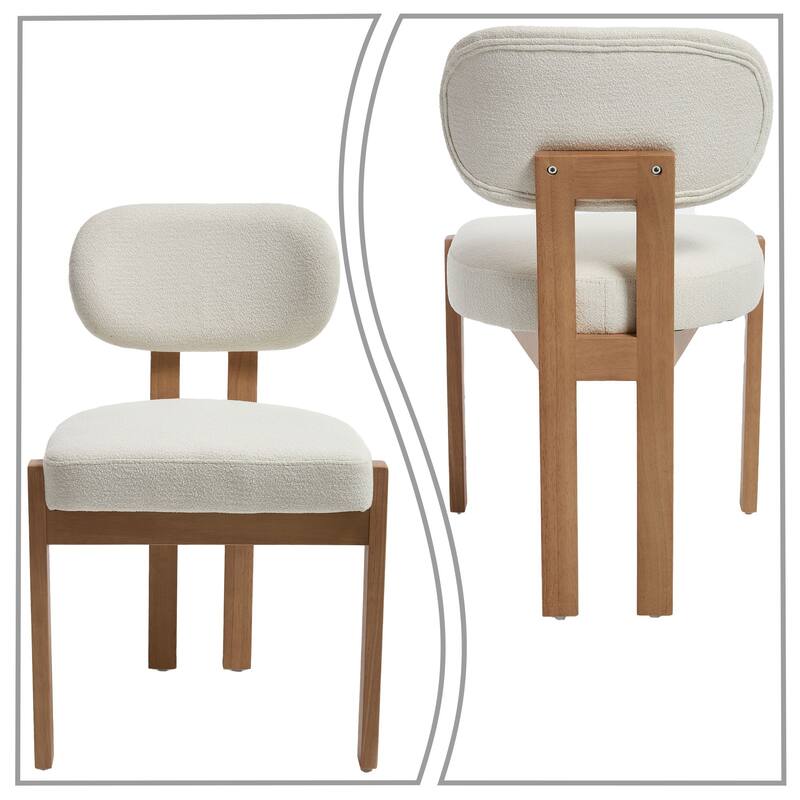 Modern Minimalist Set of Two Chenille Fabric Upholstered Dining Chairs with Solid Rubberwood Frame Legs