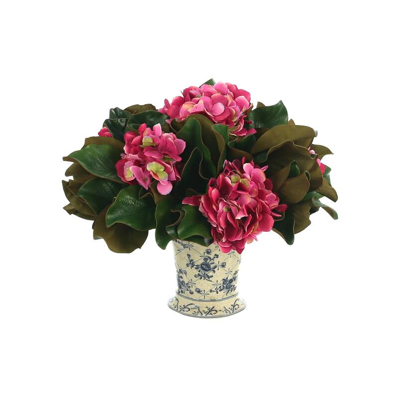 Hydrangea and Magnolia Leaf Arrangement in a Decorative Ceramic Vase - Pink, Green, Blue, White