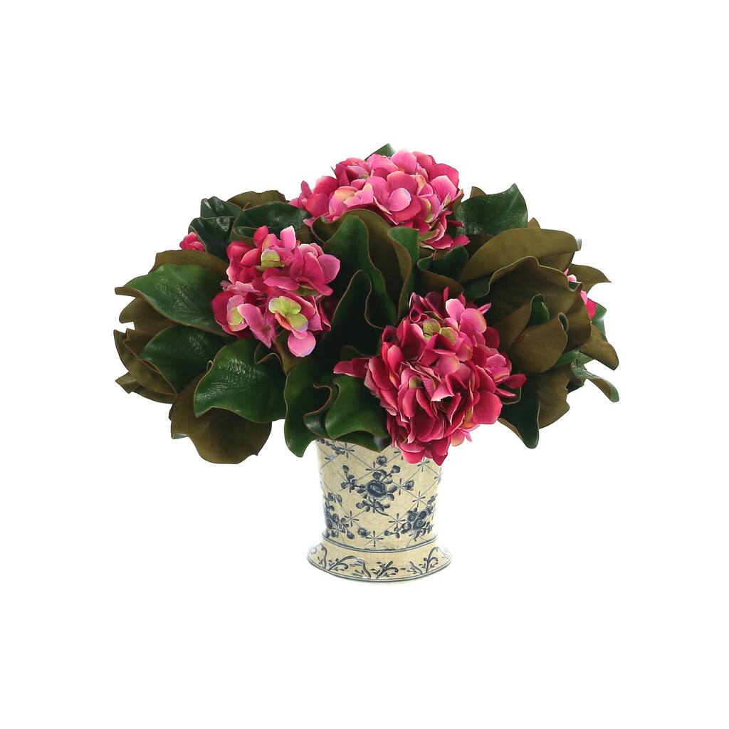 Hydrangea and Magnolia Leaf Arrangement in a Decorative Ceramic Vase - Pink, Green, Blue, White