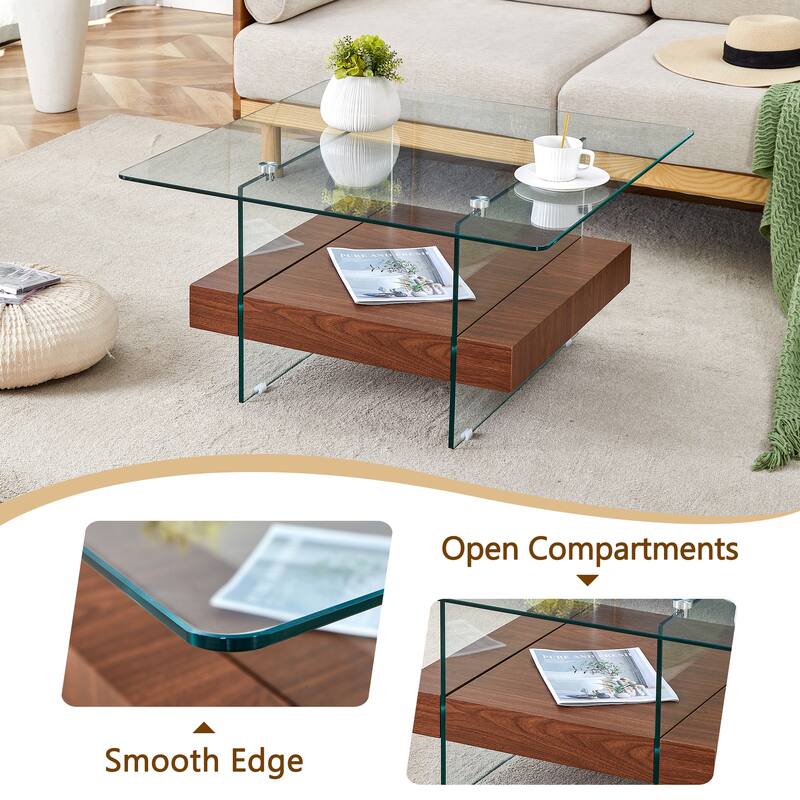 Roomfitters Square Glass Coffee Table with Walnut Finish, Two-Tier Modern Accent Table for Compact Spaces