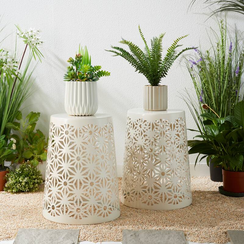 Glitzhome 17.5"H Set of 2 Cutout Geometric Pattern Solar Powdered LED Light Garden Stool