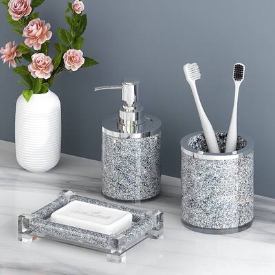 3PCS Silver Crystal Diamond Bathroom Accessory Decor Sets