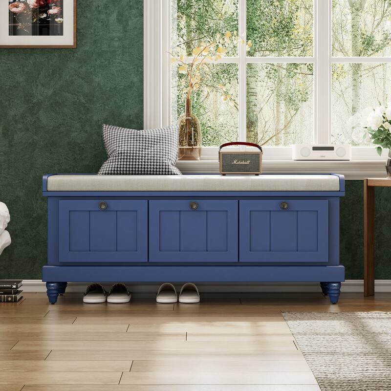 Classic Shoe Bench with Cushion and Three Drawers, Fluted Entryway Bench with Storage for Living Room, Entryway, and Hallways