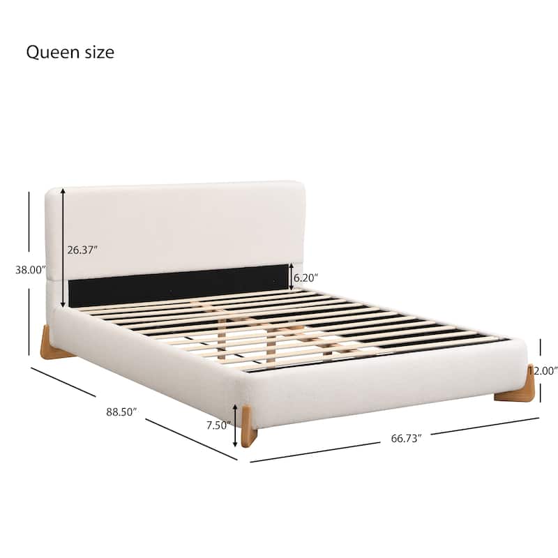 Soft Boucle Fabric Upholstered Bed Frame with Wooden Slats, Full/Queen/King Sizes - Stylish & Durable
