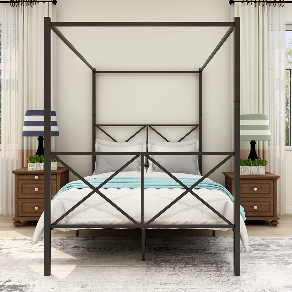Metal Canopy Bed Frame, Platform Bed Frame with X Shaped Metal Canopy Bed Frame, Platform Bed Frame with X Shaped