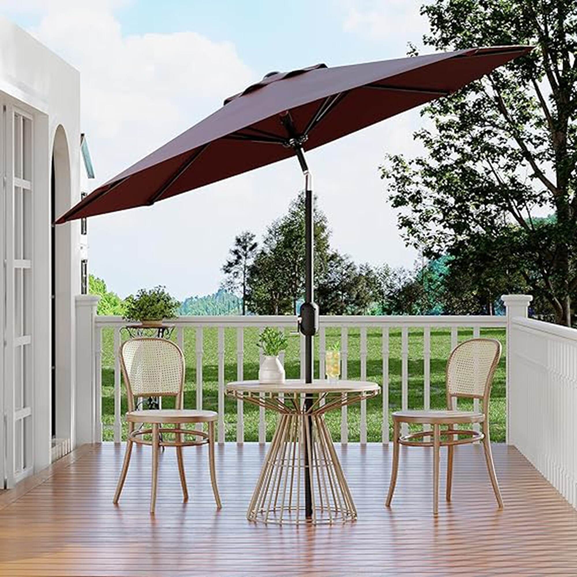 dark red patio umbrella Tilt | Auto-Tilt, Fade-Proof, Wind Resistant | Commercial Grade | Sunbrella ideal for backyard entertaining and outdoor meals Abba Patio 9FT Lyon Outdoor