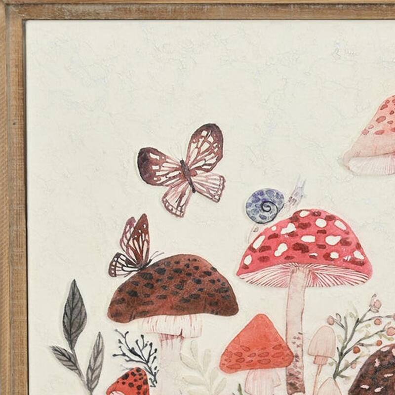 HomeRoots 20" X 26" Natural And White Butterflies and Mushrooms Metal Framed Art