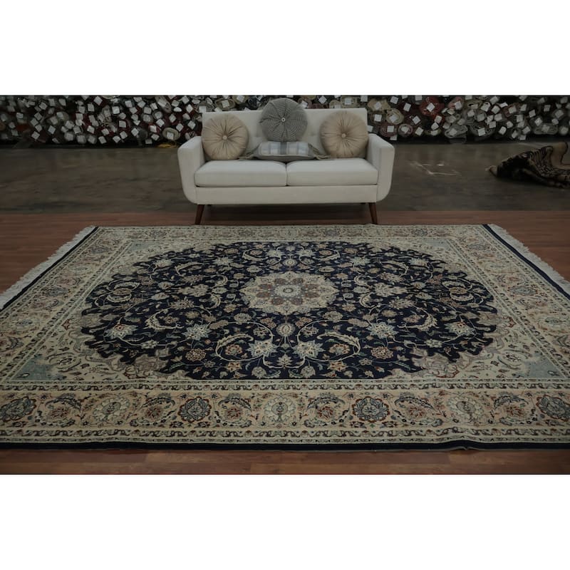 Hand Knotted Oriental 100% Wool Carpet Traditional Floral Navy Blue & Blues Nain Area Rug - 10' 4'' X 8' 0''