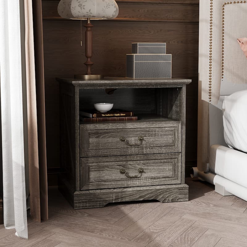 Farmhouse Nightstand with 2 Drawers, Open Shelf & Power Port, Rustic Bedside Table, Antique Brass Handles, White/Grey - Grey Wood