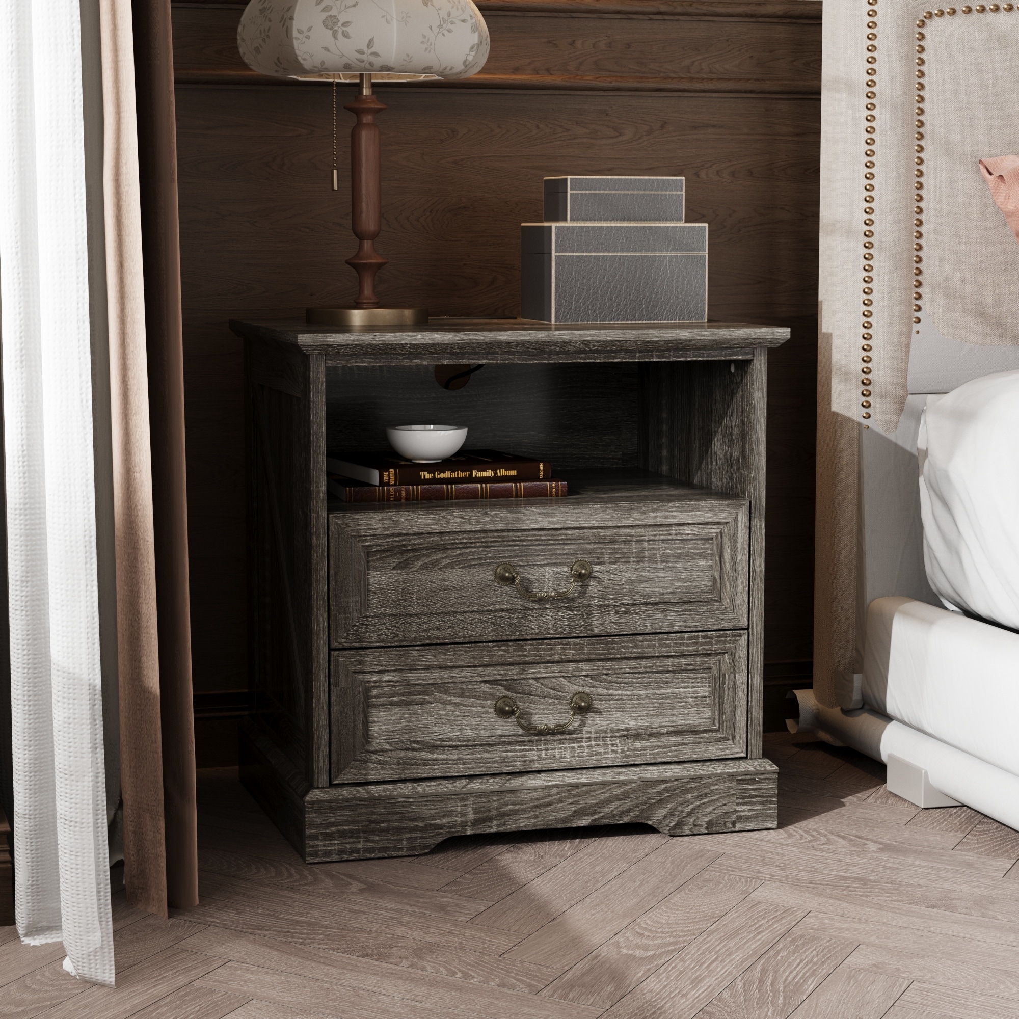 Farmhouse Nightstand with 2 Drawers, Open Shelf & Power Port, Rustic Bedside Table, Antique Brass Handles, White/Grey