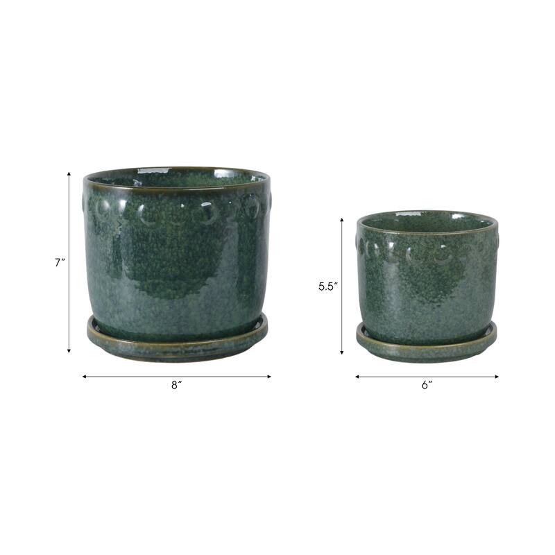 Ceramic Planter with Saucer, Bubble Trim Design - Set of 2, 8",6", Green