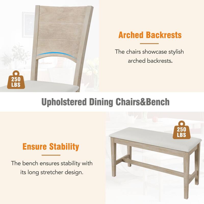 Traditional 6-Piece Wooden Dining Table Set with 4 Upholstered Chairs and Bench