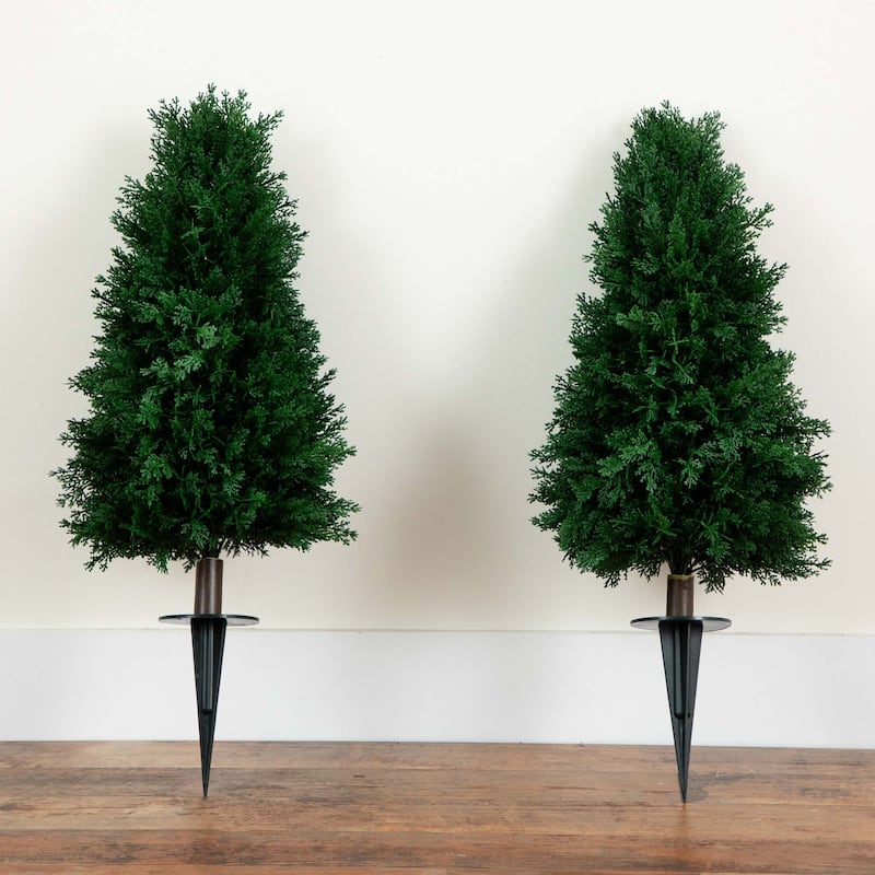 2.5' UV Resistant Artificial Cedar Plant with Stake - Set of 2 - Green