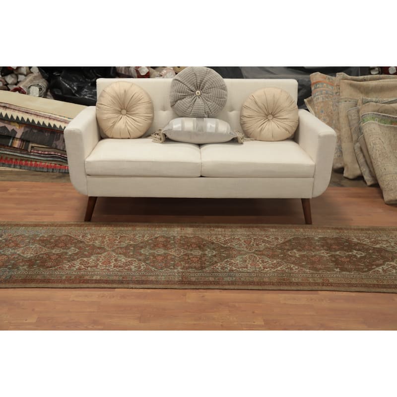 Hand Knotted Oriental 100% Wool Carpet Traditional Floral Brown Bibikabad Runner Rug - 9' 7'' X 2' 7''
