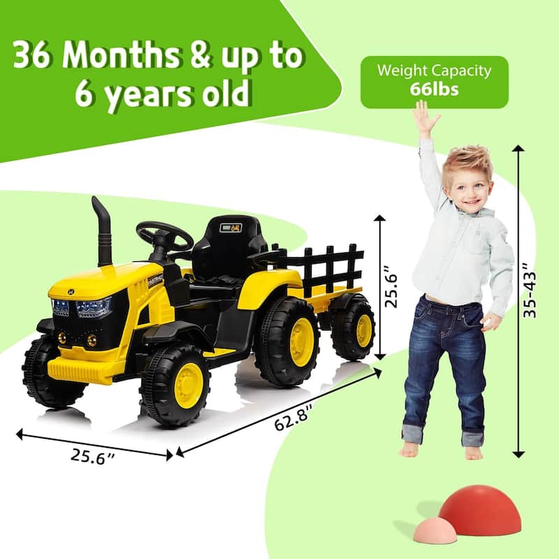 Electric Kids Ride On Tractor with Trailer, 12V Battery Powered Vehicle Toy