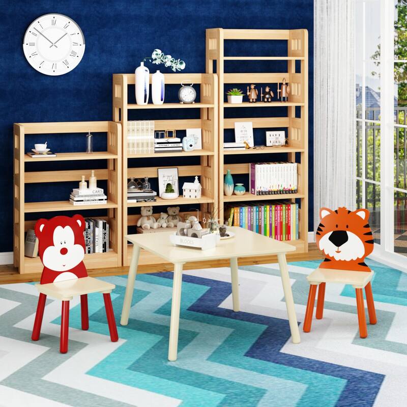 Anmytek Toddler 3-Piece Wooden Table and Chair Set Kids Activity Desk with Animal Backrest for Playroom Nursery