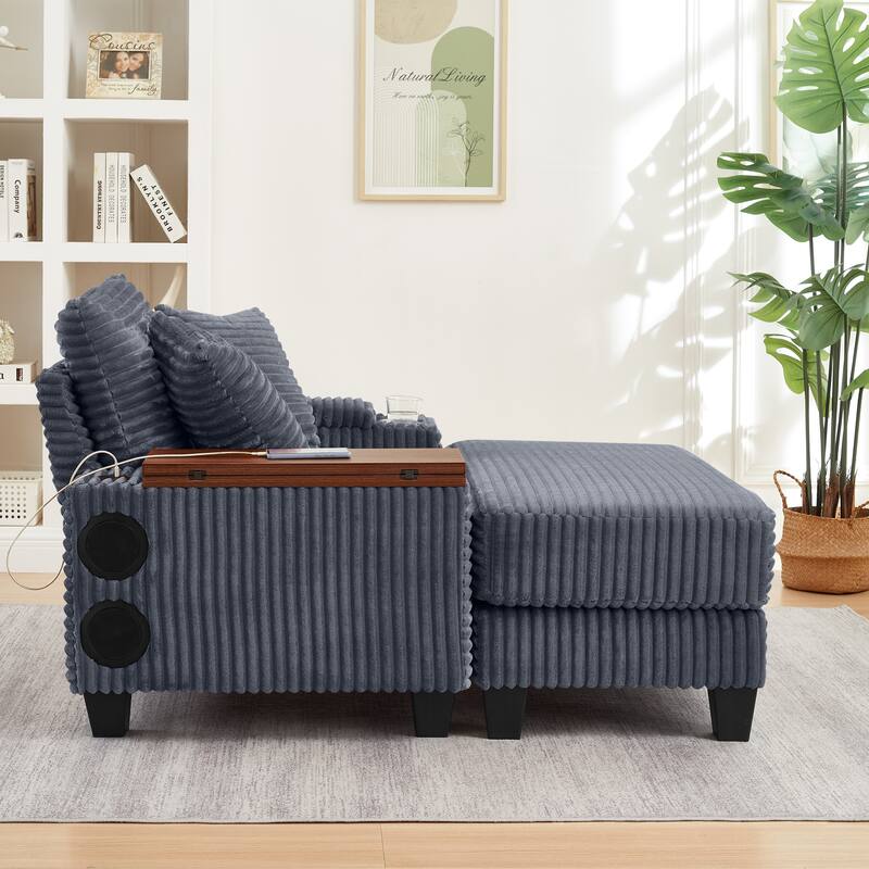 Versatile Chaise Lounge Single Sofa Chair with Ottoman, Swivel Table, Storage Armrest, Cup Holder, Bluetooth Speaker and USB