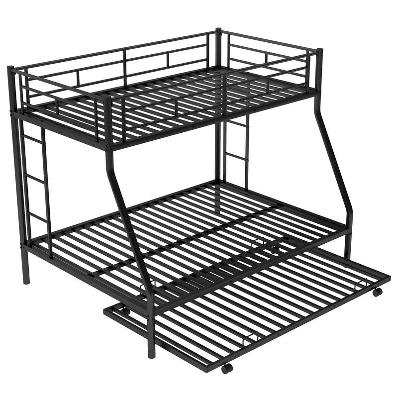 Steel Twin over Full Bunk Bed with Trundle and Two-Side Ladders, Black