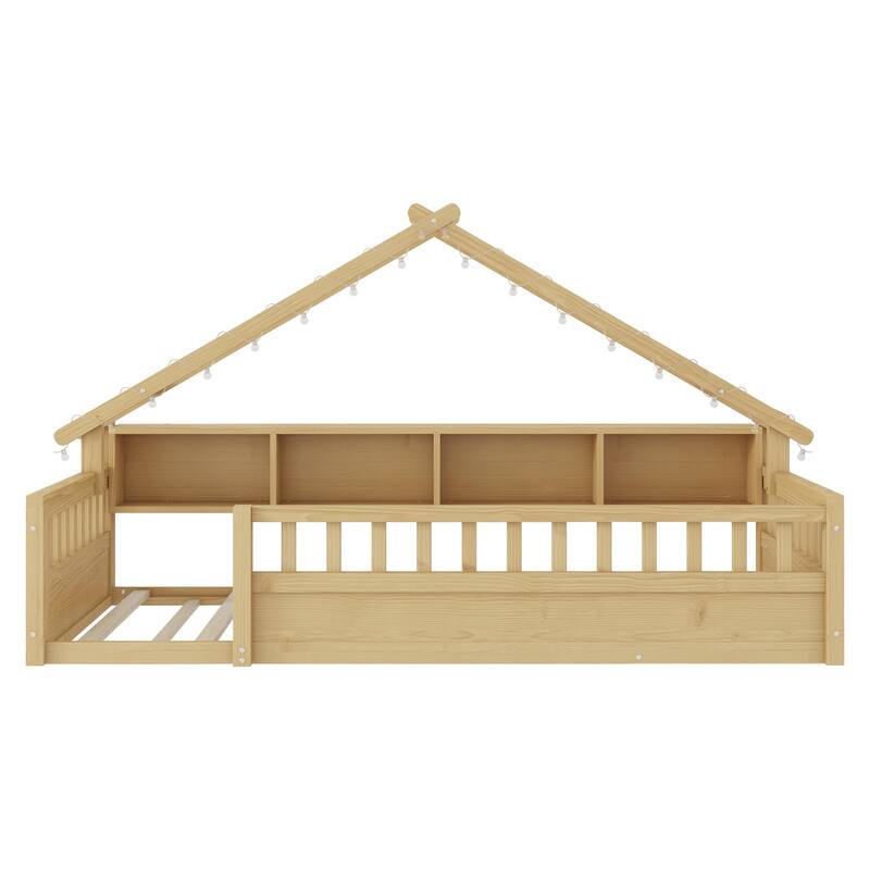Twin/Full Floor Bed with Storage Bookshelves & Roof Shape for Kids