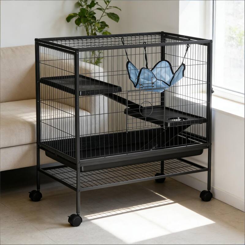 Pet House,Small Animal Hutch Cage,Small Pet Hutch with Wheels is designed for convenient cleaning - Black,Silver