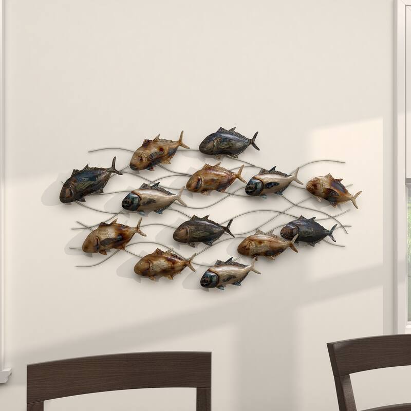 Blue Metal Indoor Outdoor Fish Home Wall Decor with Silver and Bronze Accents