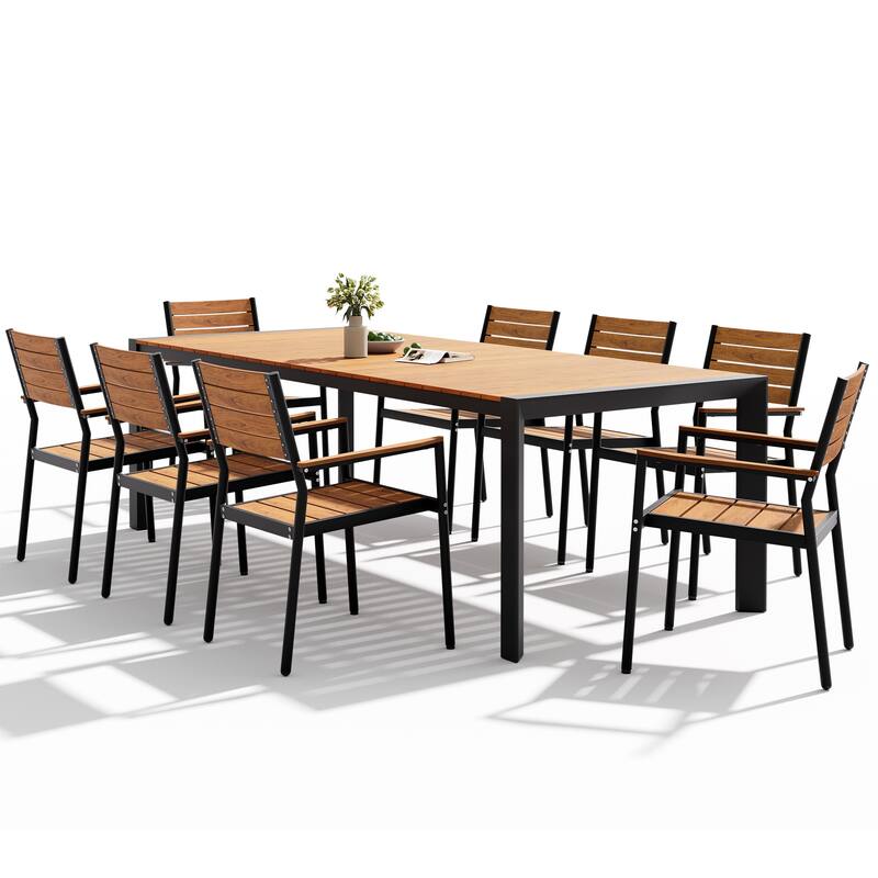 Set of 9 Outdoor Patio Dining Set WoodLike Table Top Aluminum Umbrella Hole Table with Stackable Dining Chairs