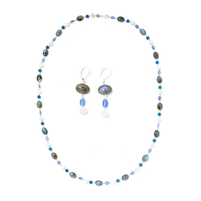 925 Sterling Silver Multi Gemstone Beaded Earring, Necklace Set