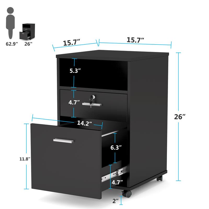 2 Drawer Mobile File Cabinet with Lock, Wood Modern Filing Cabinet