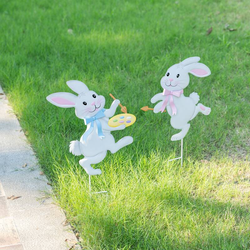 Glitzhome Set of 2 Easter Metal Bunny Painter Yard Stake