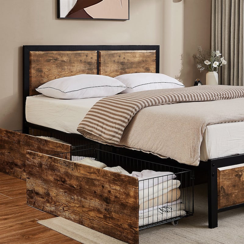 VECELO Upholstered Full/Queen Size Platform Bed Frame with 4 Storage Drawers and Headboard